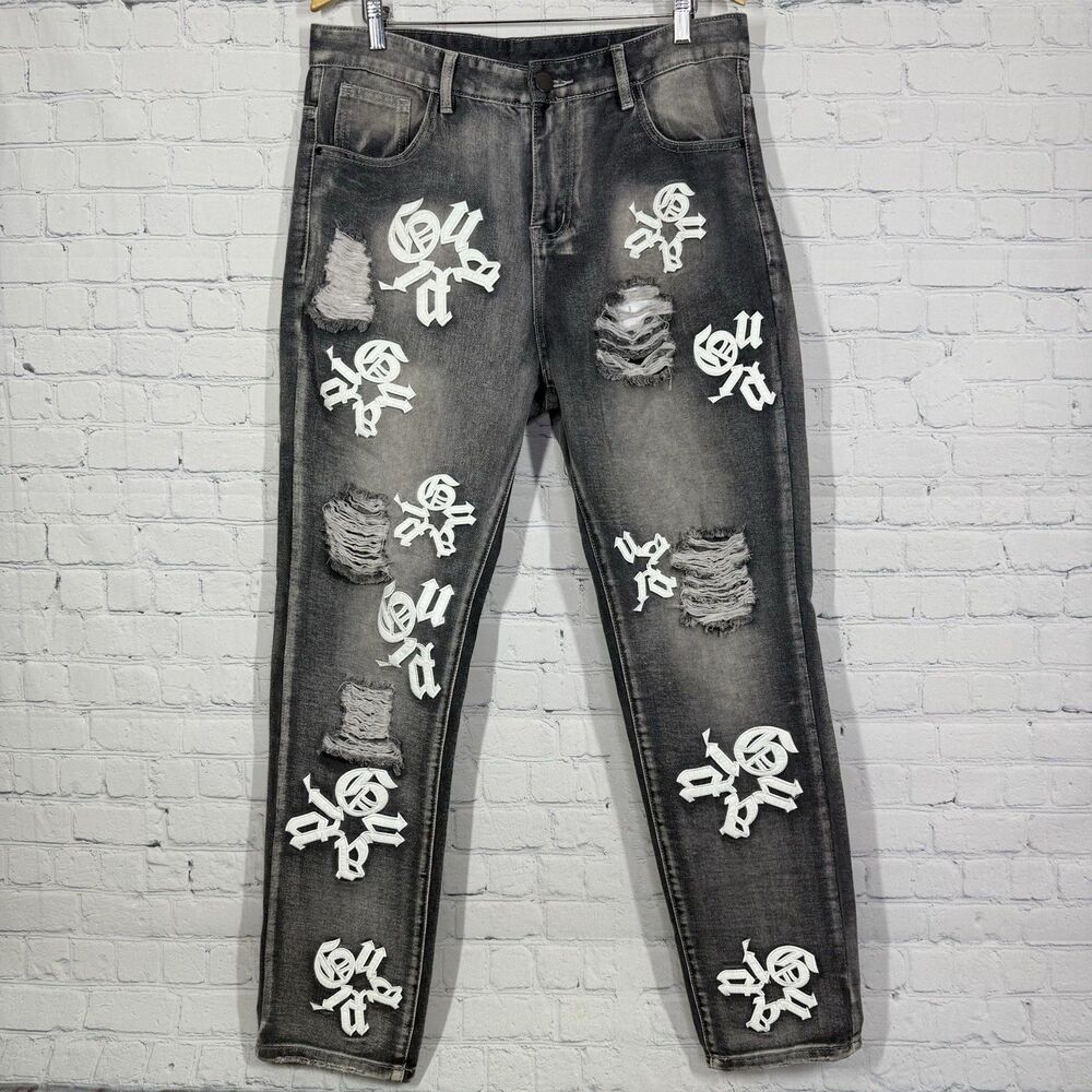 Guapi Style Jeans Men's 34x30 Embroidered Patch Gray Chromeheart Denim Tears